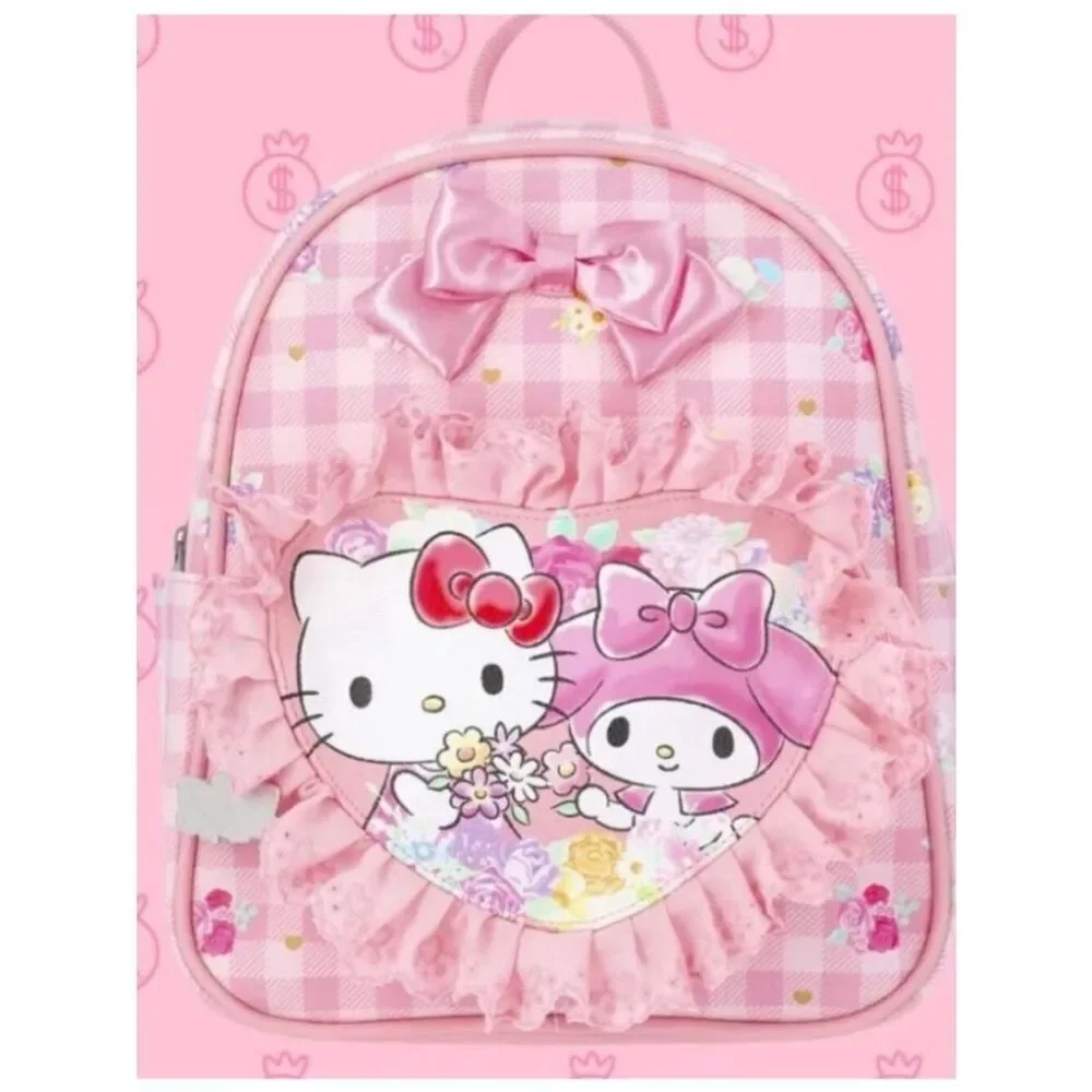 Hello Kitty And My Melody Ruffle Heart Backpack Pink Gingham Little Girls NWT